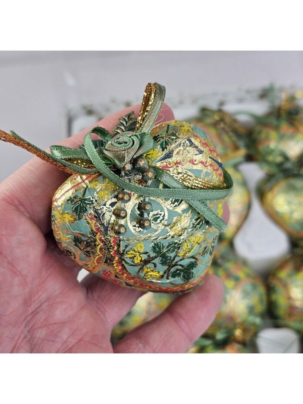 Christmas Ornament Set Paper Mache Bell, Round, And Hearts 12pcs Gold Green Etc - Picture 5 of 9